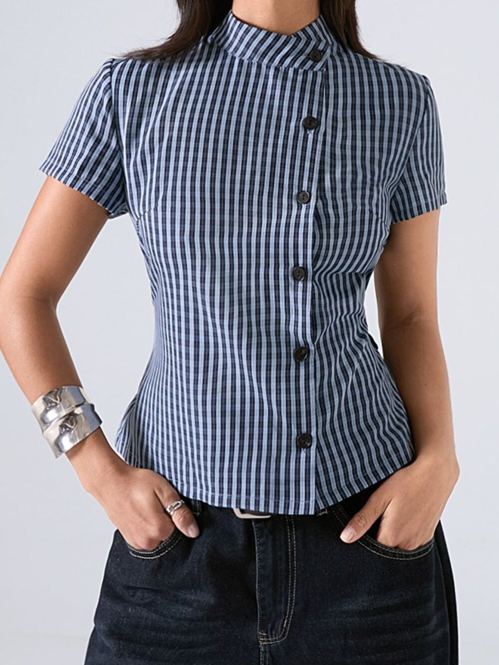 Blue Casual Women's Stand Collar Regular Fit Shirt Blouse